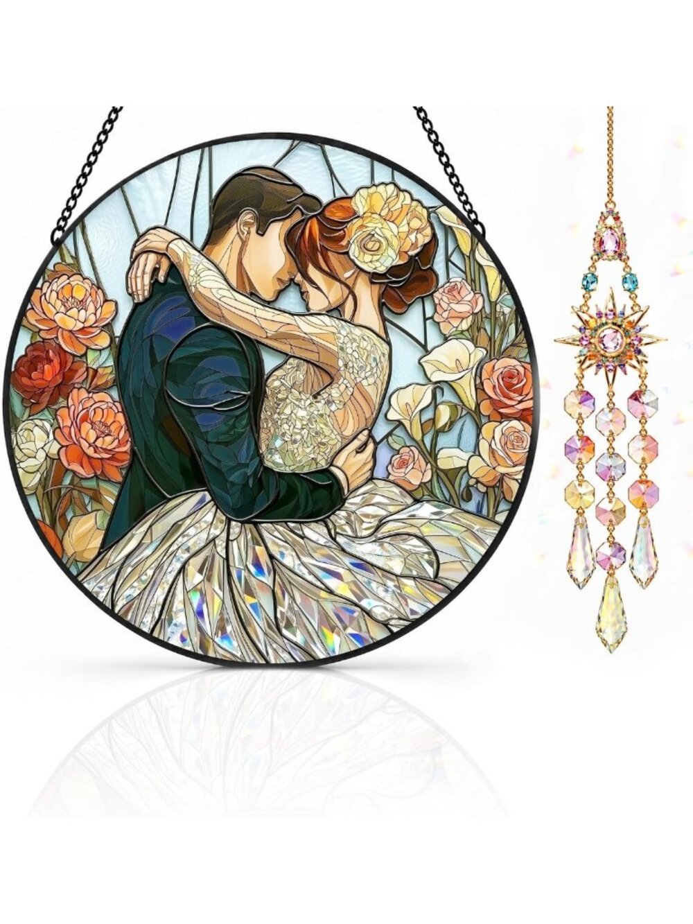 Romantic 7-Piece Stained Glass Suncatcher Bundle | 3D Heart & Crystal Pendant